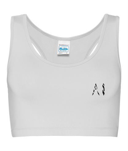 Womens White Athletic Performance Cropped Top with black logo on left breast