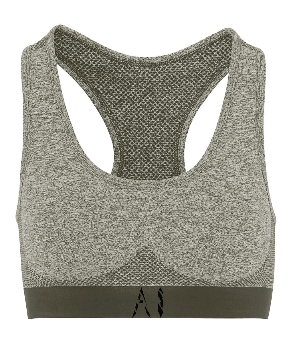 Womens beige Athletic Seamless Sports Bra with Black AI logo on bottom strap