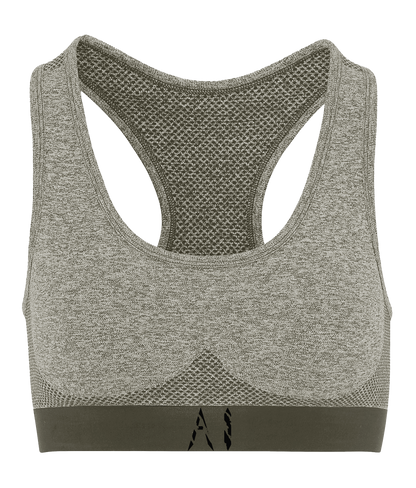 Womens beige Athletic Seamless Sports Bra with Black AI logo on bottom strap