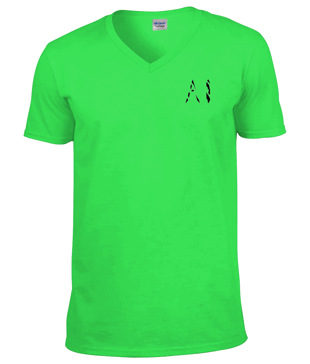 Mens lime green V Neck T-Shirt with black AI logo located on the left chest