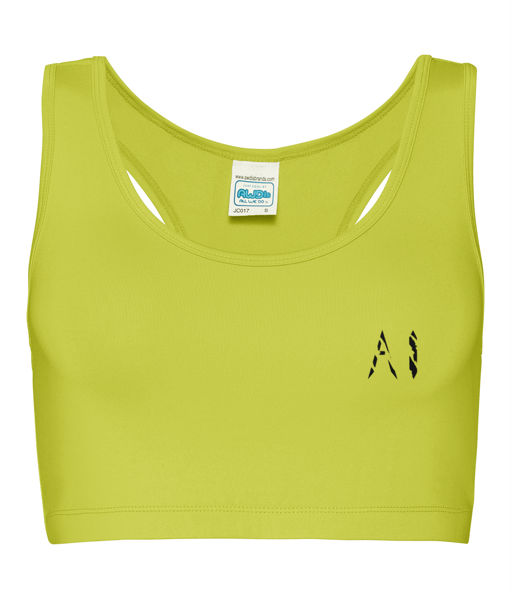 Womens electric yellow Athletic Performance Cropped Top with black logo on left breast