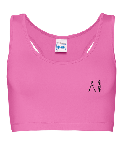 Womens Athletic Performance Cropped rose pink Top with black logo on left breast