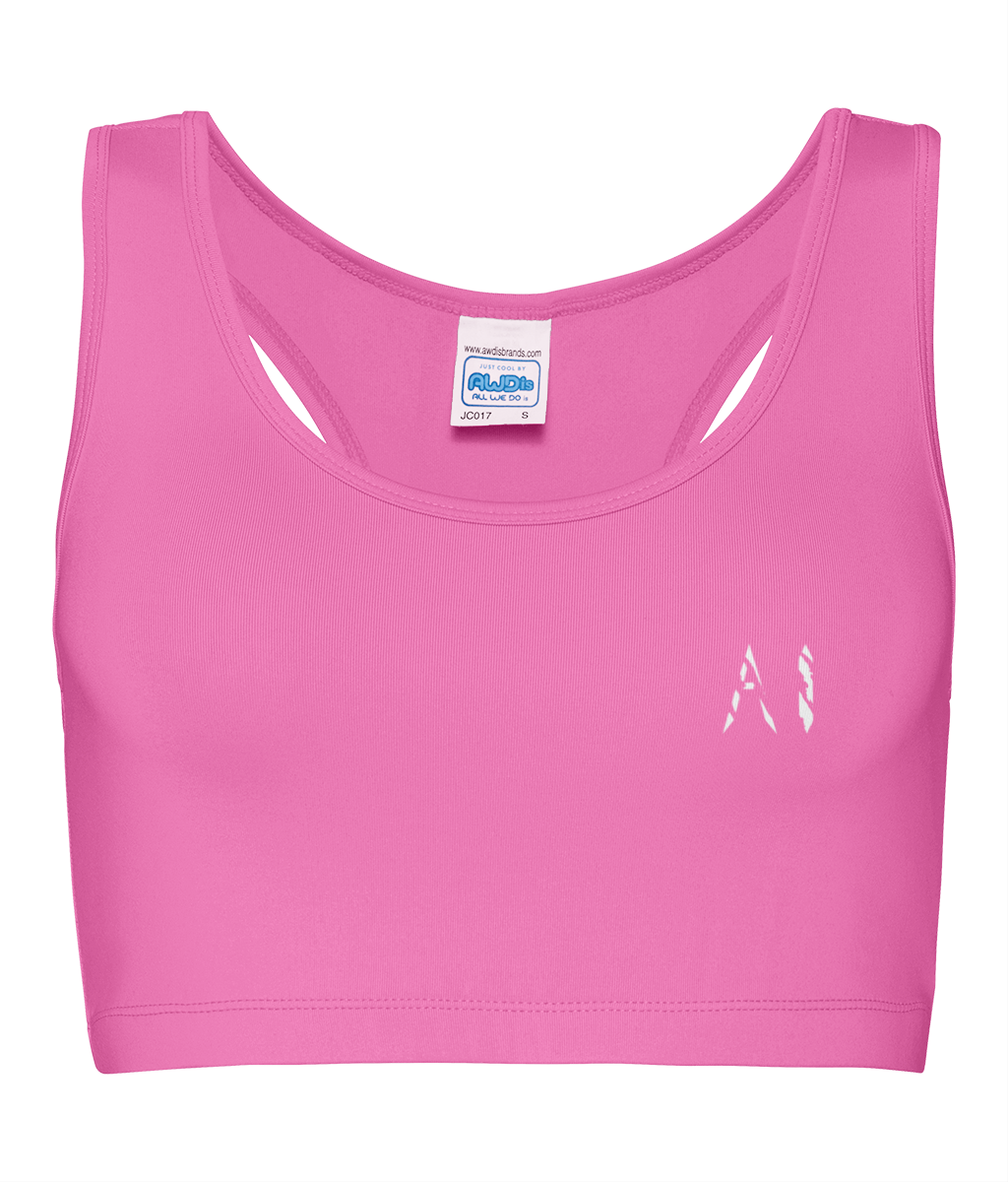 Womens pink Athletic Performance Cropped Top with White logo on left breast