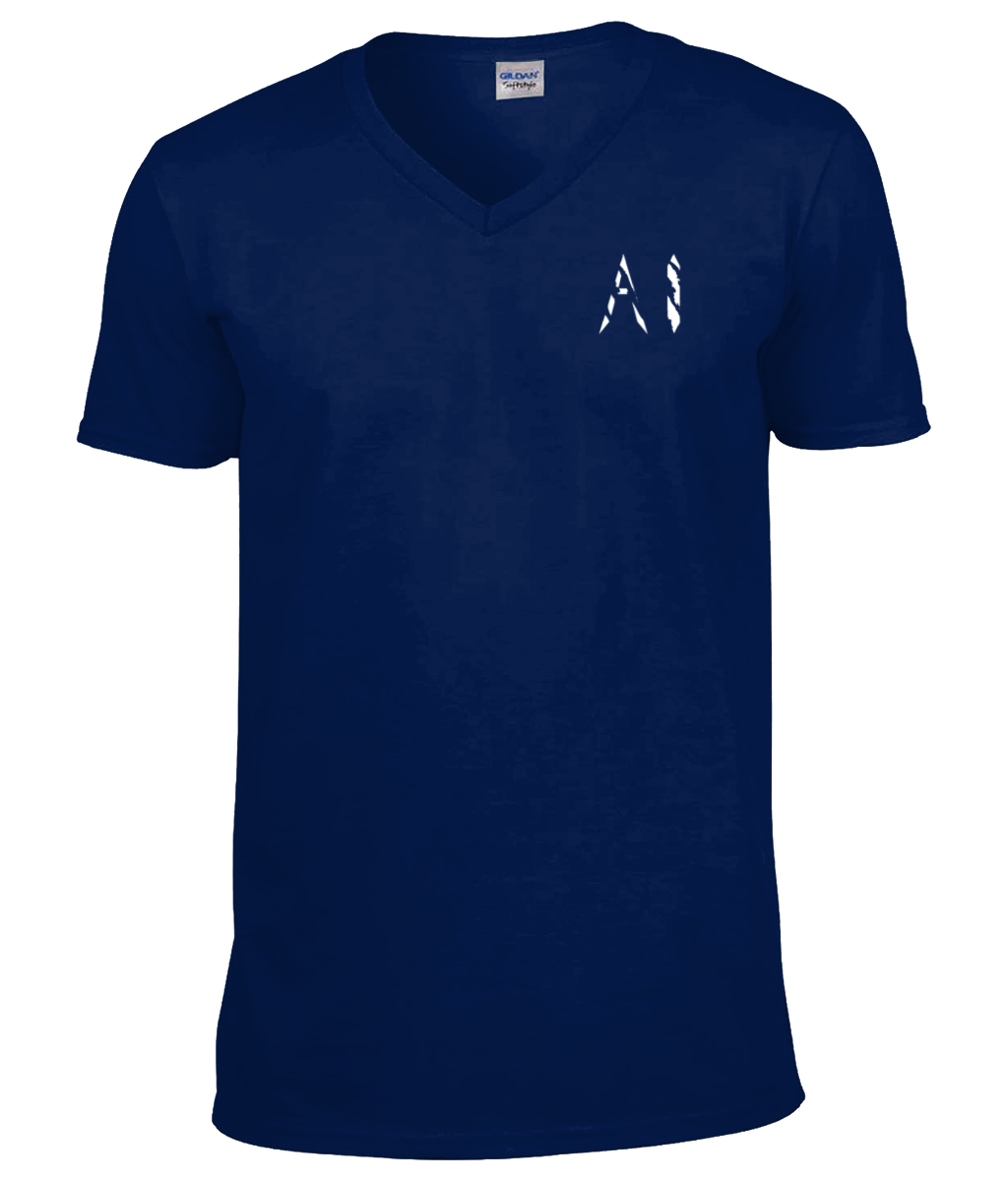 Mens navy blue V Neck T-Shirt with white AI logo located on the left chest