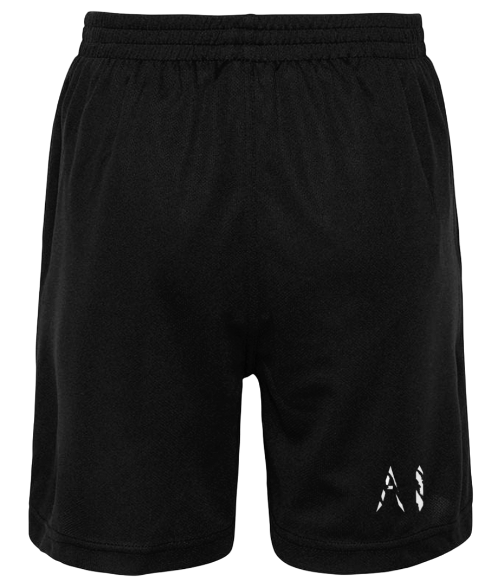 Mens Athletic Sports Shorts Black with white AI logo on the bottom of the left leg