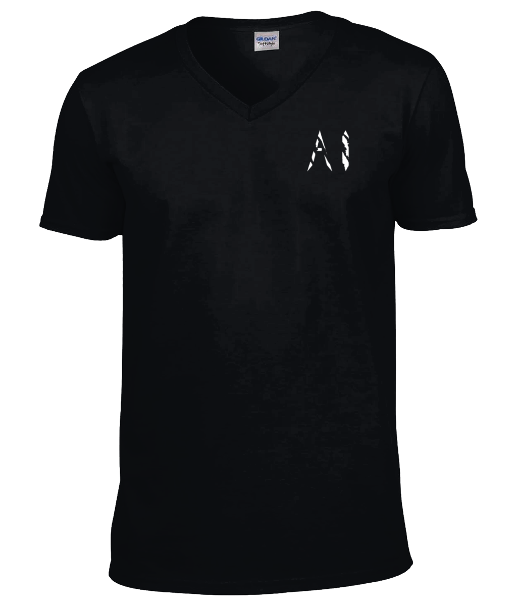 Mens black V Neck T-Shirt with white AI logo located on the left chest