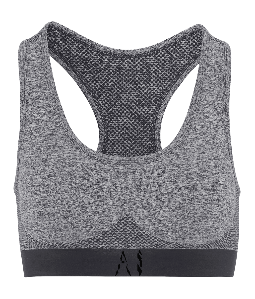 Womens Grey Athletic Seamless Sports Bra with Black AI logo on bottom strap