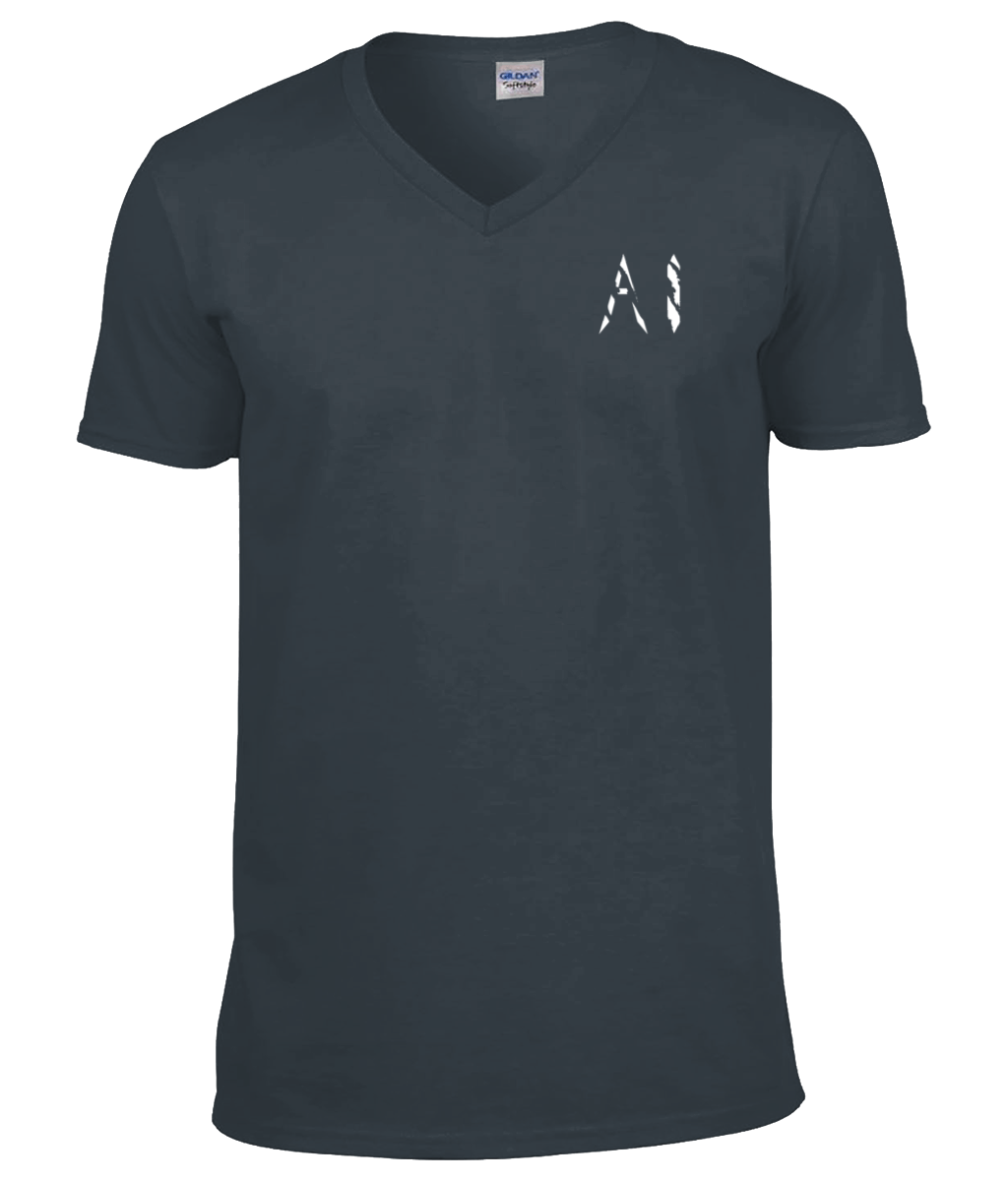 Mens light charcoal V Neck T-Shirt with white AI logo located on the left chest