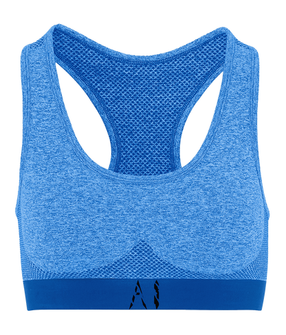 Womens blue Athletic Seamless Sports Bra with Black AI logo on bottom strap